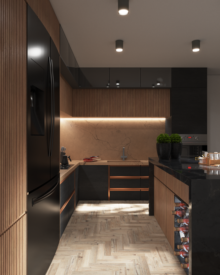 about-01 A stylish modern kitchen with sleek cabinets, LED lighting, and luxurious finishes.